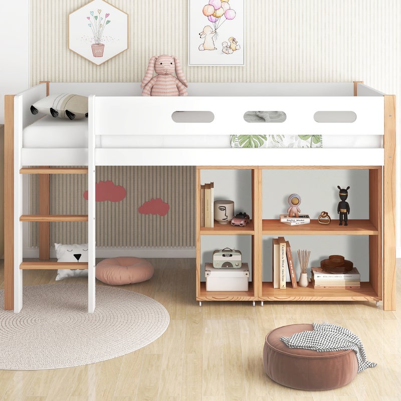 Łóżko piętrowe z miejscem do przechowywania i ruchomą szafą, łóżko piętrowe z trzystopniowymi schodami pod kątem prostym, sosna+MDF,90x200 cm