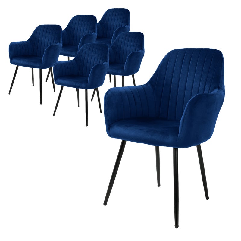 ML-Design zestaw 6 krzesel do jadalni z oparciem i podlokietnikami, niebieskie, krzesla kuchenne z aksamitnym obiciem, krzesla tapicerowane z