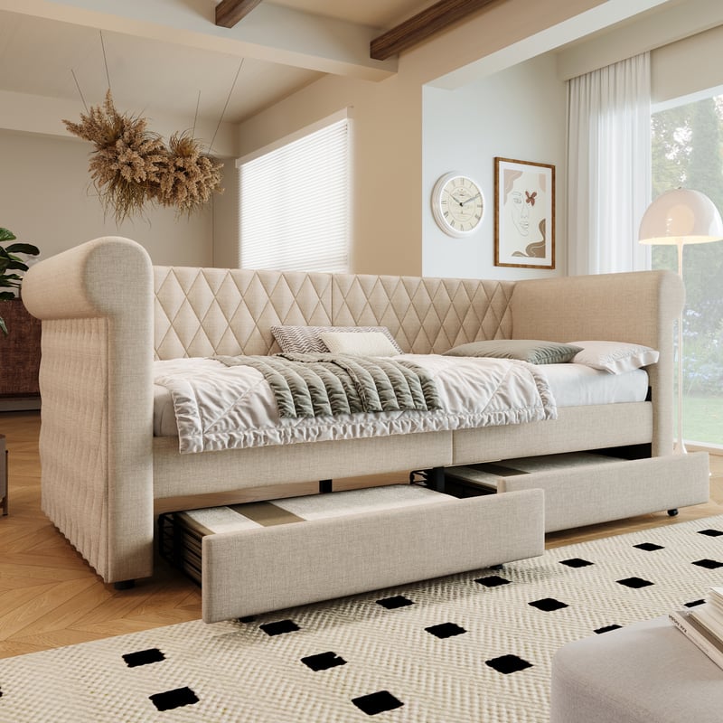 Zagłówek tapicerowany vintage, sofa rozkładana 90 x 200 cm, sofa rozkładana, beżowa (bez materaca)