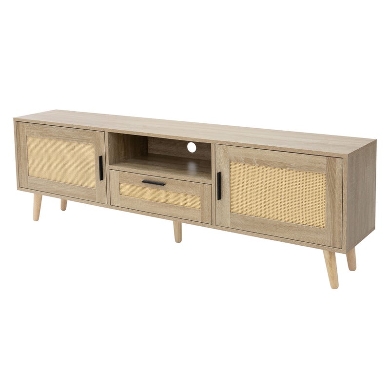 ML-Design szafka pod TV 160x50,5x30 cm dab stolik RTV z 2 drzwiczkami szuflada i pólka front z rattanu nogi z litego drewna elegancka komoda do salonu