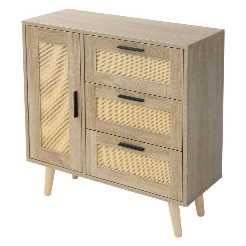 Komoda z 3 szufladami rattanowa drewniana komoda kredens dab 74x76x30 cm