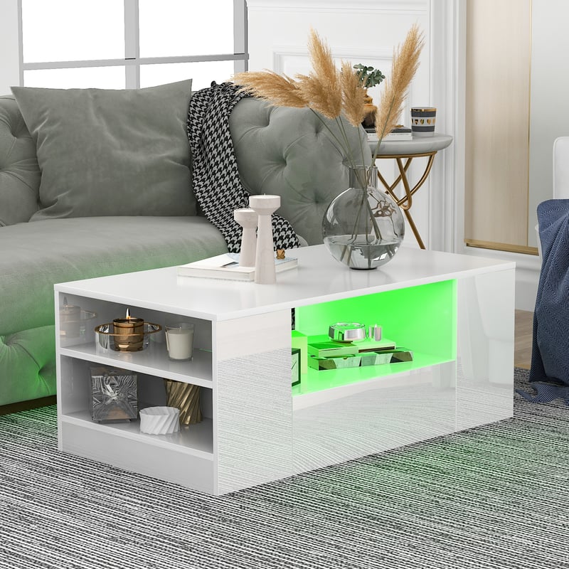 Nowoczesny stolik kawowy, błyszczące meble do salonu, 2 szuflady i 2 półki, sofa, stolik kawowy, stolik boczny (95 x 53 x 37 cm)