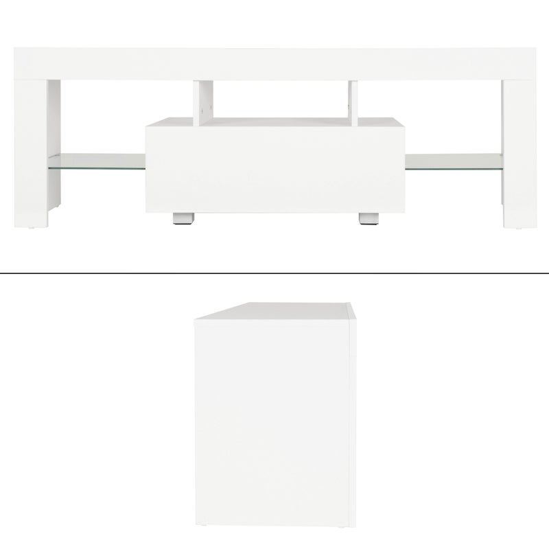 ML-Design szafka RTV w drewnie z oswietleniem LED i szklana pólka pod telewizor, nowoczesny stolik pod telewizor, 130x49x45cm, bialy, bezuchwytowy