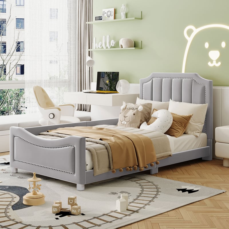 Łóżko dziecięce tapicerowane 90x200cm sofa rozkładana z oparciem, szare
