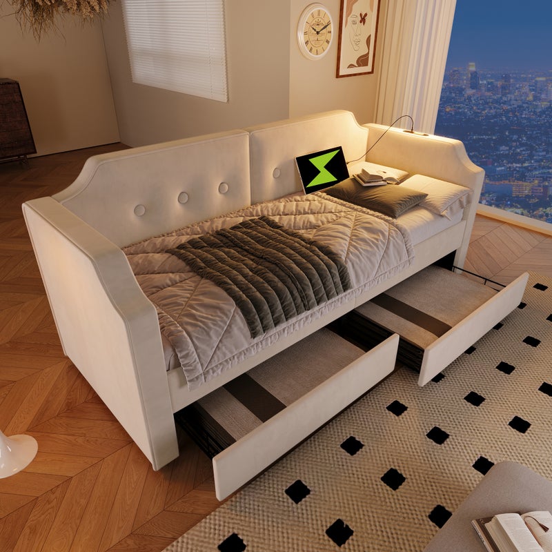 Sofa tapicerowana rozkładana 90x200 cm z lampką do czytania USB Type-C, sofa rozkładana z 2 szufladami, aksamit, beż