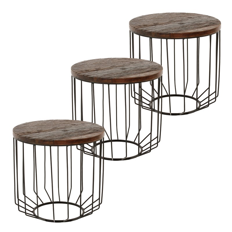 WOMO-DESIGN Stolik kawowy zestaw 3 stolików okragly Ø 50x50 cm, naturalny, unikatowy, recznie robiony z litego drewna zlom, metalowa rama metalowy