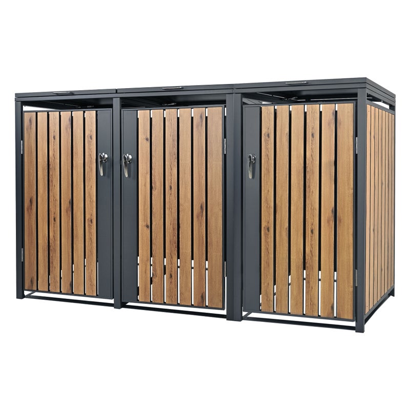 ML-Design pojemnik na śmieci 240L 200x80x116,3 cm stalowy antracytowy wygląd dębu odporny na warunki atmosferyczne uchylna pokrywa do 3 tony