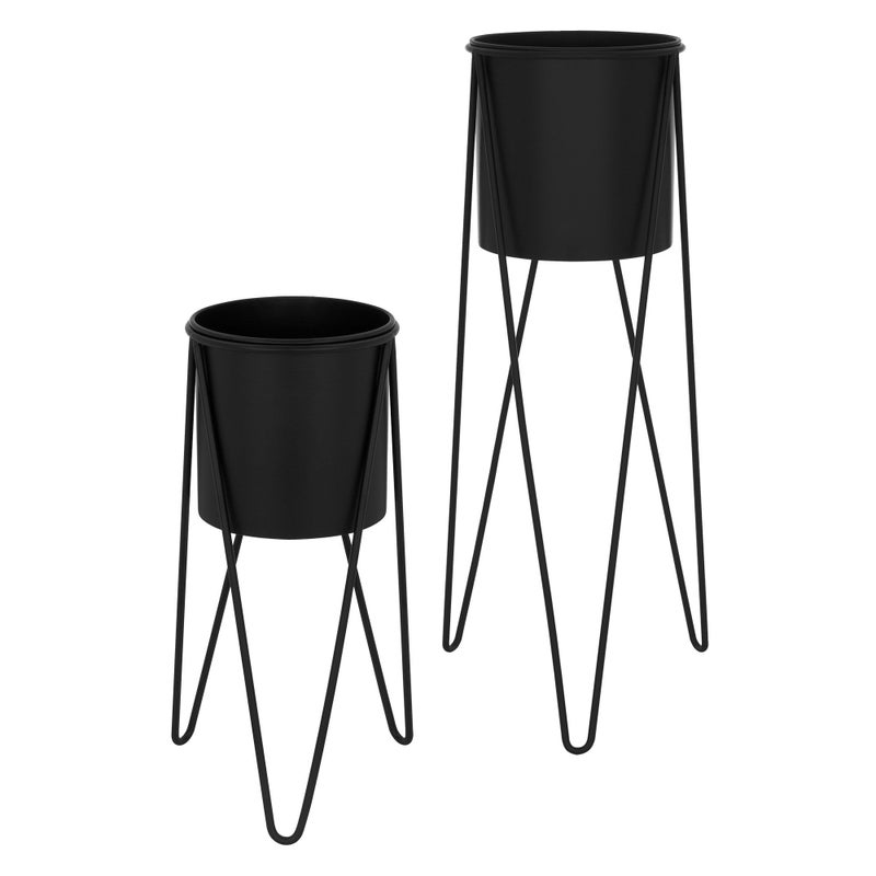 ML-Design stojak na kwiaty zestaw 2 sztuk, czarny, 27x27x48,5 cm/35,5x34x75 cm, wykonany ze stali, metalowa rama stojaka na rosliny, stojak na