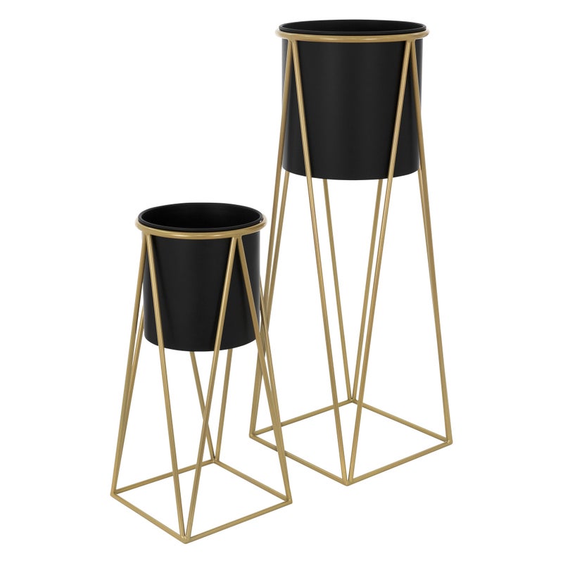 ML-Design stojak na kwiaty zestaw 2 sztuk, czarno-zloty, 21,8x22x47cm/25x25x71cm, stal, stojak na kwiaty z doniczka, metalowy stojak na rosliny,