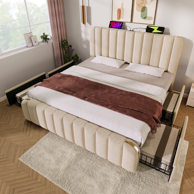 Łóżko tapicerowane dwuosobowe, tapicerowany zagłówek ze złotymi paskami dekoracyjnymi i funkcją ładowania USB typu C 180 x 200 cm (bez materaca)
