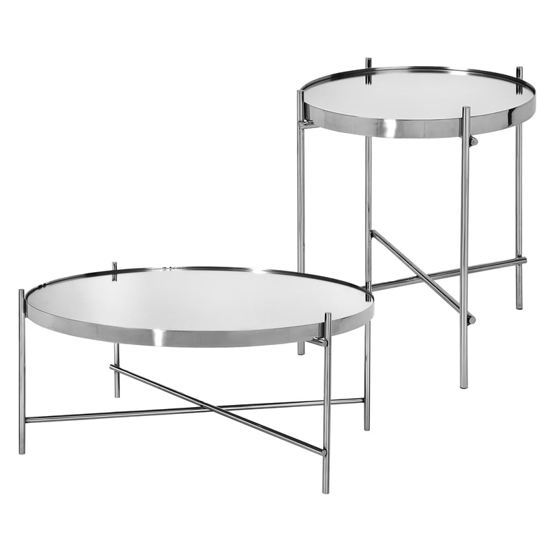 WOMO-DESIGN Stolik kawowy zestaw 2 Ø43x45 + Ø75x35 cm okragly, srebrny, metal/szklo, unikatowy, nowoczesny, stoliki do salonu ze szklanym blatem i