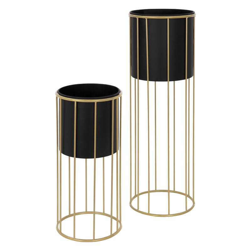 ML-Design stojak na kwiaty zestaw 2 sztuk, czarno-zloty, 21x46,7/24x70,5 cm, okragly, stalowy, stojak na doniczke z doniczka, metalowy stojak na
