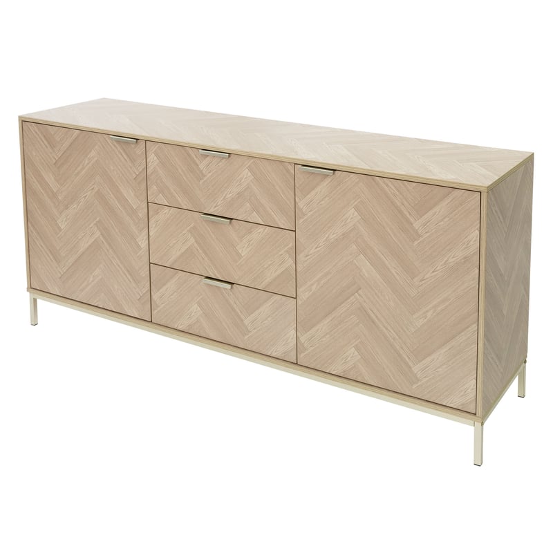 ML-Design kredens 160x75,5x40 cm, debowy wzór w jodelke, zlota metalowa rama, komoda z 2 drzwiczkami i 3 szufladami, kredens na 5 nózkach, szafka do