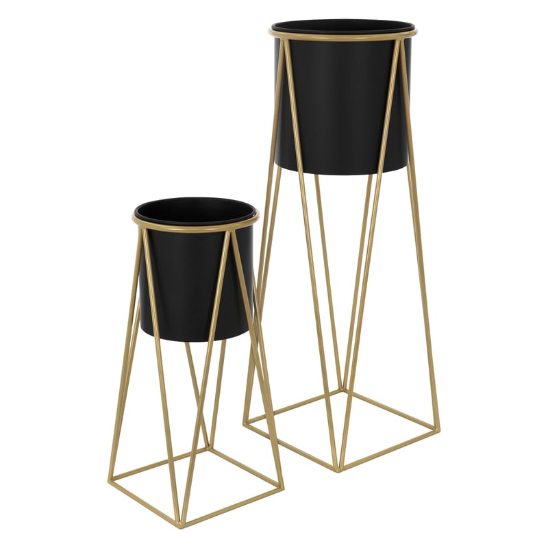 ML-Design stojak na kwiaty zestaw 2 sztuk, czarno-zloty, 21,8x22x47cm/25x25x71cm, stal, stojak na kwiaty z doniczka, metalowy stojak na rosliny,