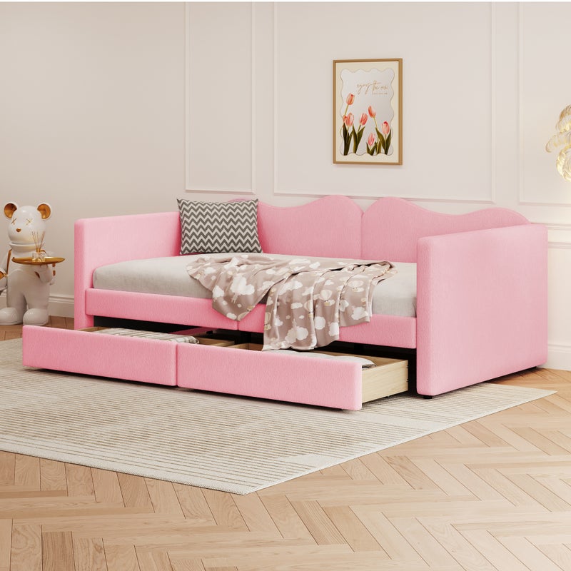 Łóżko dziecięce, tapicerowane 90*200 cm, sofa rozkładana z 2 szufladami, dostawka dla młodzieży, różowe