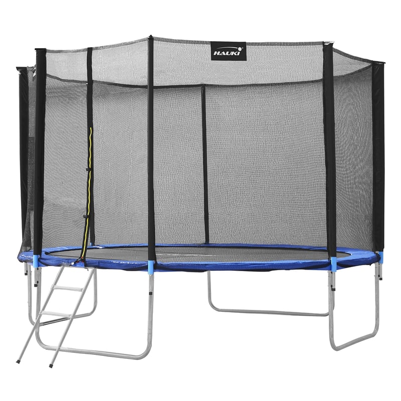 Trampolina zewnetrzna Hauki, Ø427 cm, niebieska, test GS, okragla trampolina ogrodowa dla dzieci do 150 kg, kompletny zestaw z siatka zabezpieczajaca,