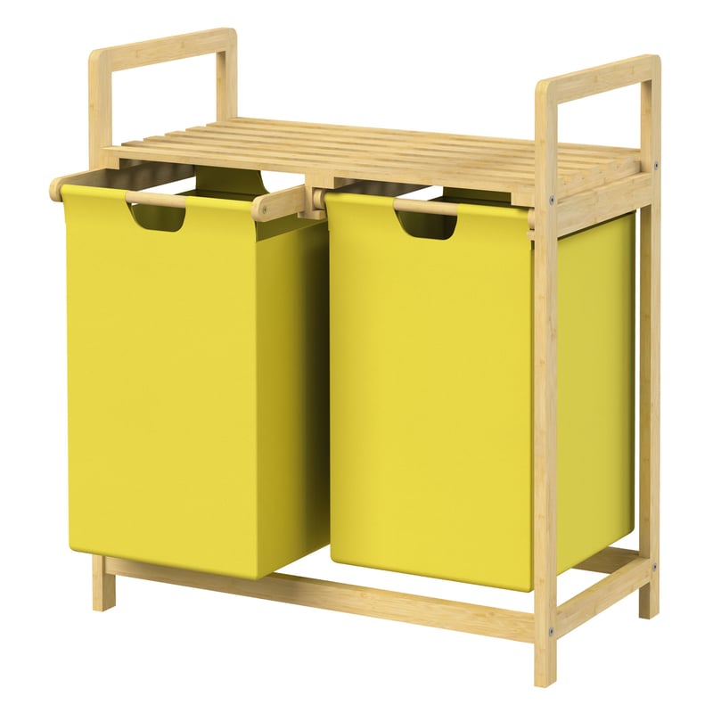 ML-Design kosz na pranie wykonany z bambusa, zólty, pojemnik na pranie z 2 przegrodami, pojemnik na pranie z 2 wysuwanymi workami na pranie 60 L,