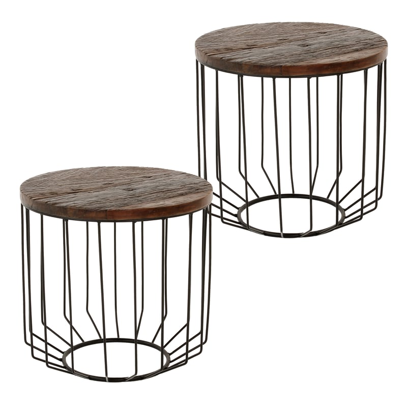 WOMO-DESIGN Stolik kawowy zestaw 2 stolików okragly Ø 50x50 cm, naturalny, unikatowy, recznie robiony z litego drewna zlom, metalowa rama metalowy