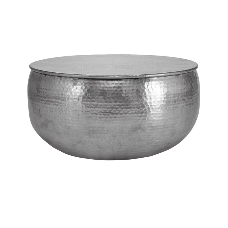 WOMO-DESIGN Stolik kawowy okragly Ø 60x30,5cm, srebrny, unikatowy, recznie robiony z aluminium, mlotkowany design, metalowy stolik na sofe, stolik do