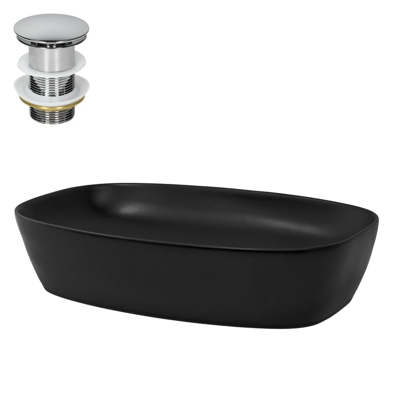 ML-Design Umywalka ceramiczna czarna 605x385x140 mm z odplywem, zaokraglone rogi, umywalka nablatowa, nowoczesna umywalka, miska umywalkowa, umywalka