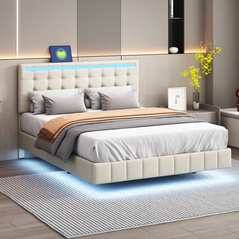 Łóżko tapicerowane 140 x 200 cm, rama łóżka tapicerowana, wisząca, z oświetleniem LED i designerskimi zagłówkami