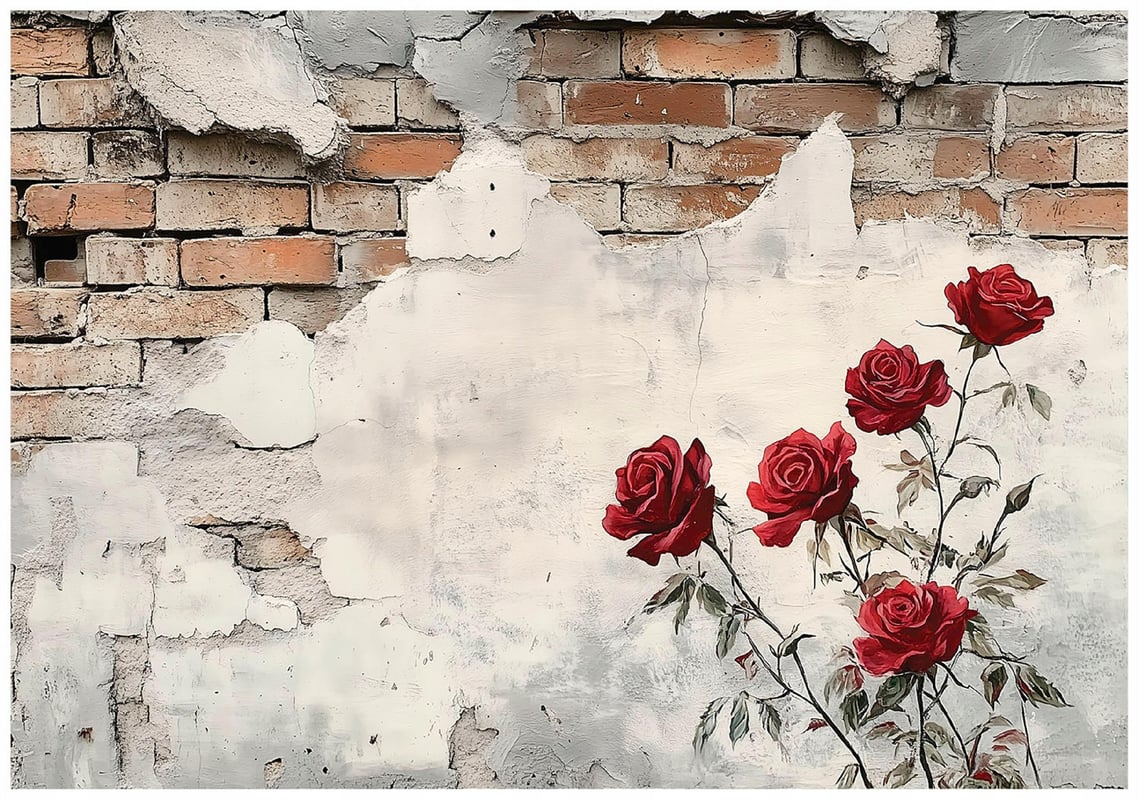 Fototapeta Róże Na Murze Kwiaty Cegła Mur 300x210 cm Tapeta Do Sypialni Salonu Kuchni Na Flizelinie