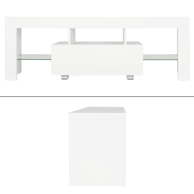 ML-Design szafka RTV w drewnie z oswietleniem LED i szklana pólka pod telewizor, nowoczesny stolik pod telewizor, 130x49x45cm, bialy, bezuchwytowy