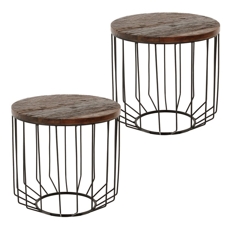 WOMO-DESIGN Stolik kawowy zestaw 2 stolików okragly Ø 50x50 cm, naturalny, unikatowy, recznie robiony z litego drewna zlom, metalowa rama metalowy