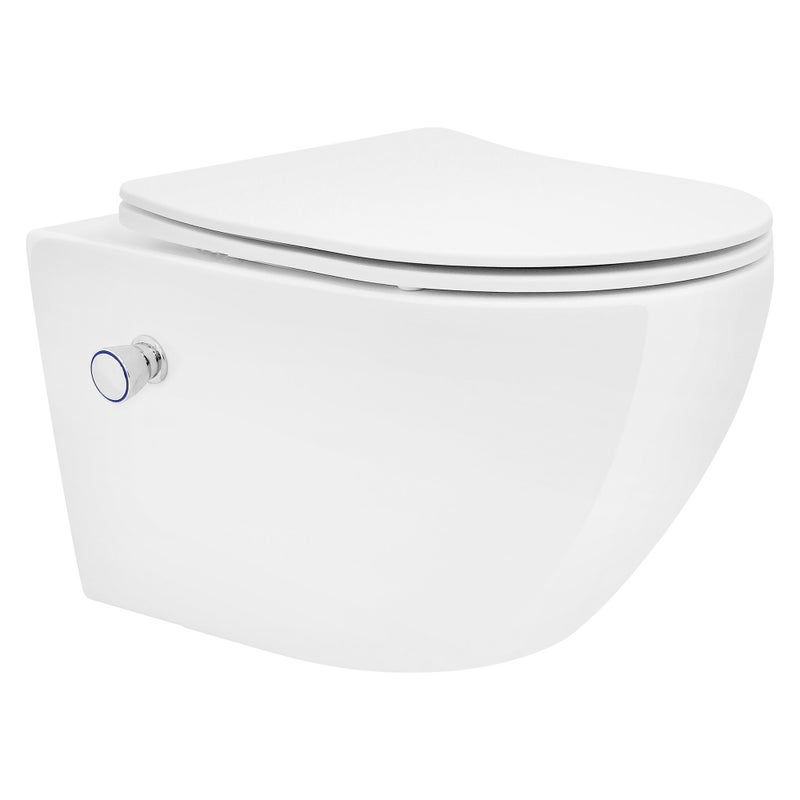 ECD Germany Bezrantowa toaleta wisząca, 52 cm długości, biała, z funkcją bidetu, powłoka Nano, ceramiczna, zdejmowana deska sedesowa, spłukiwana