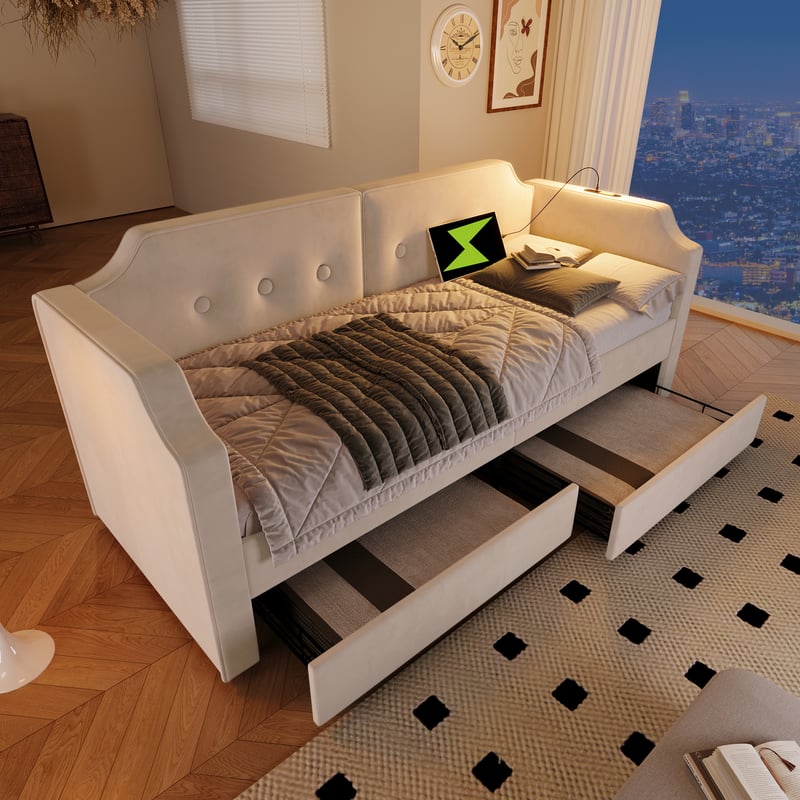Sofa tapicerowana rozkładana 90x200 cm z lampką do czytania USB Type-C, sofa rozkładana z 2 szufladami, aksamit, beż