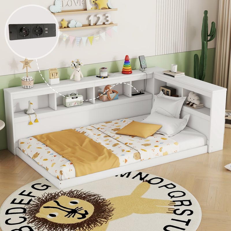 Łóżko dzienne, 90 x 200 cm, sofa rozkładana, łóżko dzienne, z gniazdkiem i 2 portami USB, łóżko z listwami (bez materaca), płyta wiórowa, białe