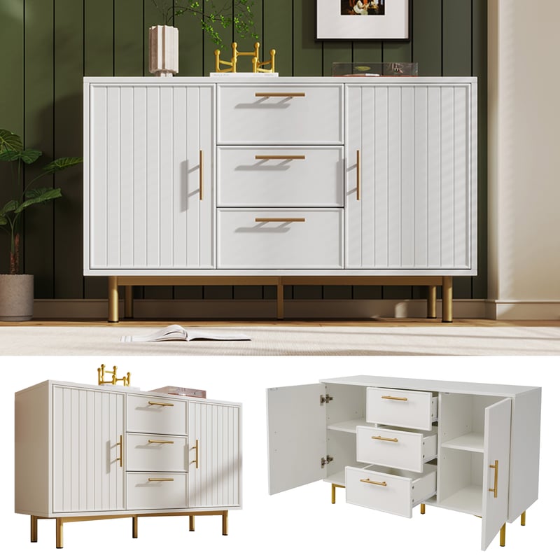 Komoda z 2 drzwiami i 3 szufladami, biała komoda z szufladą, regulowana półka, do salonu, sypialni, biała-H75/W120/D40 cm
