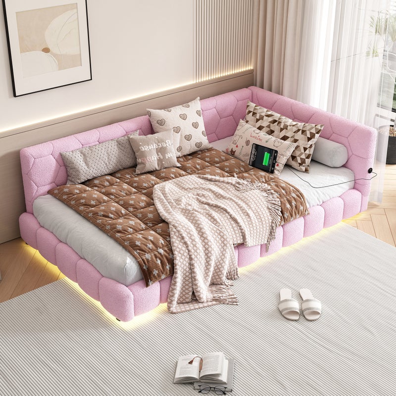 Tapczan, tapczan 90*200cm, sofa z funkcją spania, łóżko z listwami (bez materaca), imitacja polaru, różowy