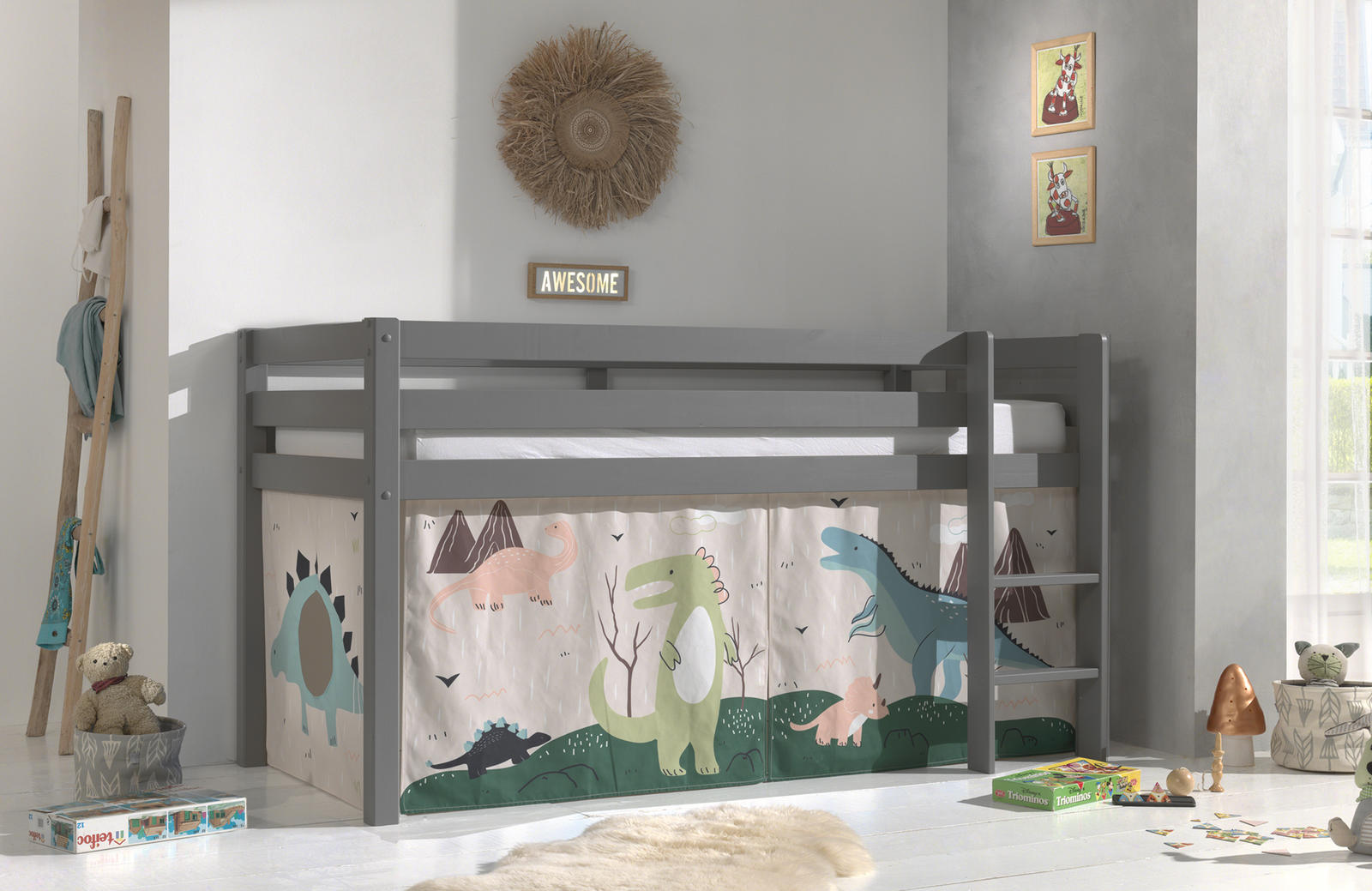 Łóżko dziecięce z litego drewna Dino - Pino grey