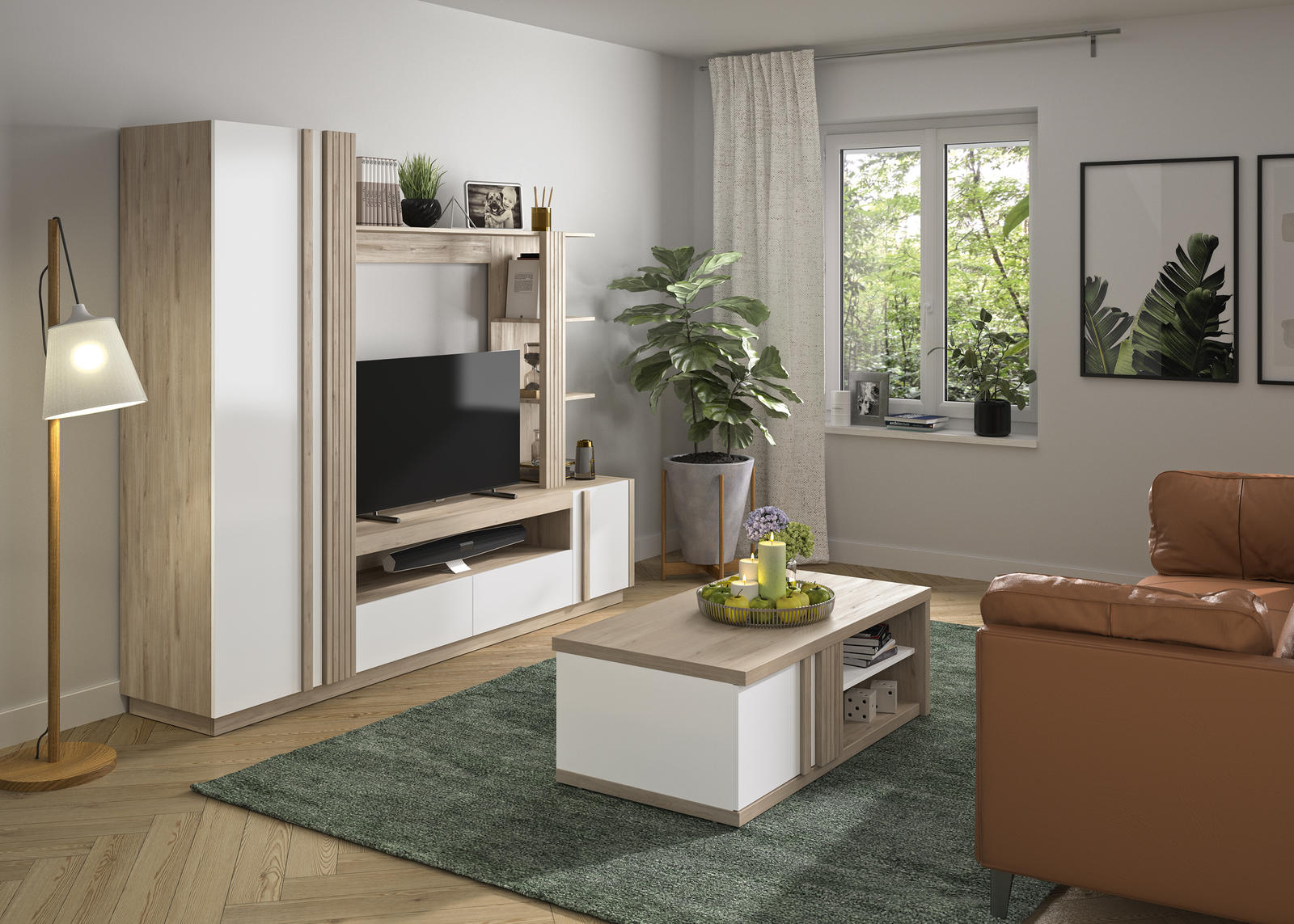 Meblościanka do salonu w skandynawskim designie Aston oak, white