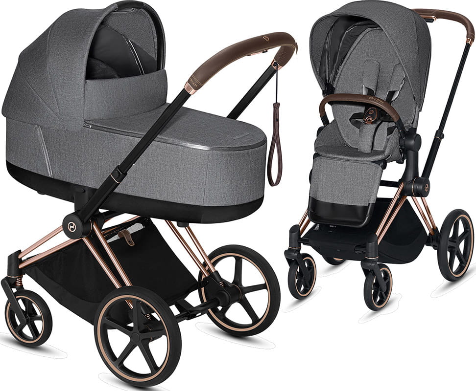 Cybex, Priam 2.0 - wózek spacerowy z gondolą Lux-Plus Manhattan Grey-Chrome z brązową rączką