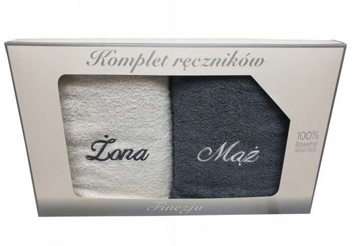 Komplet ręczników Mąż Żona 2 x 70x140 100% bawełna wz. biały - grafit