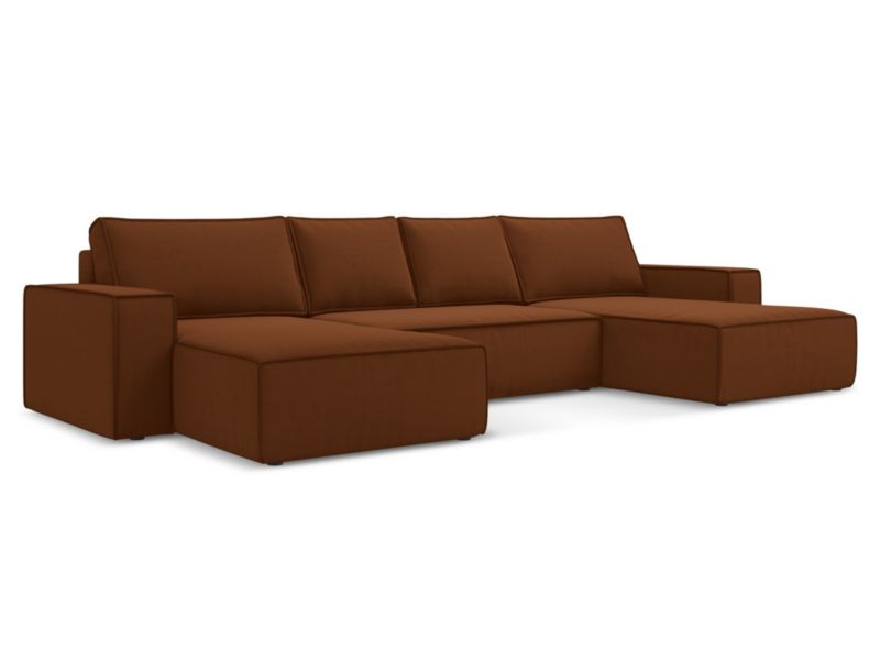 Sofa panoramiczna z funkcją spania Makamii Kimo z tkaniny welwetowej 398x185 cm terakota 1 szt.