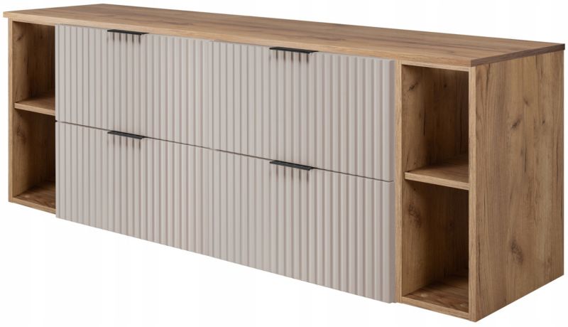 Szafka łazienkowa Furnidea 160 cm wisząca kaszmir z blatem i regałami dąb Wotan Flow 1 szt.
