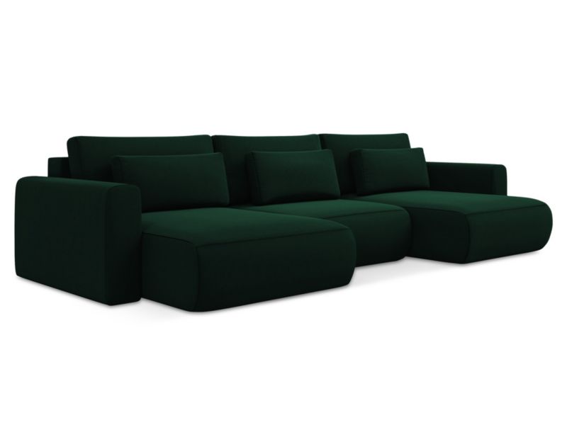 Sofa panoramiczna z funkcją spania Makamii Kapua z tkaniny welwetowej 340x149 cm butelkowa zieleń 1 szt.