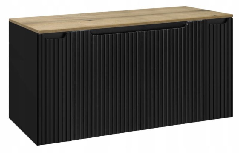 Szafka pod Umywalkę Furnidea 120 cm Wisząca z Blatem Dąb Czarna Ryflowane Fronty 4 Drzwi 1 szt.