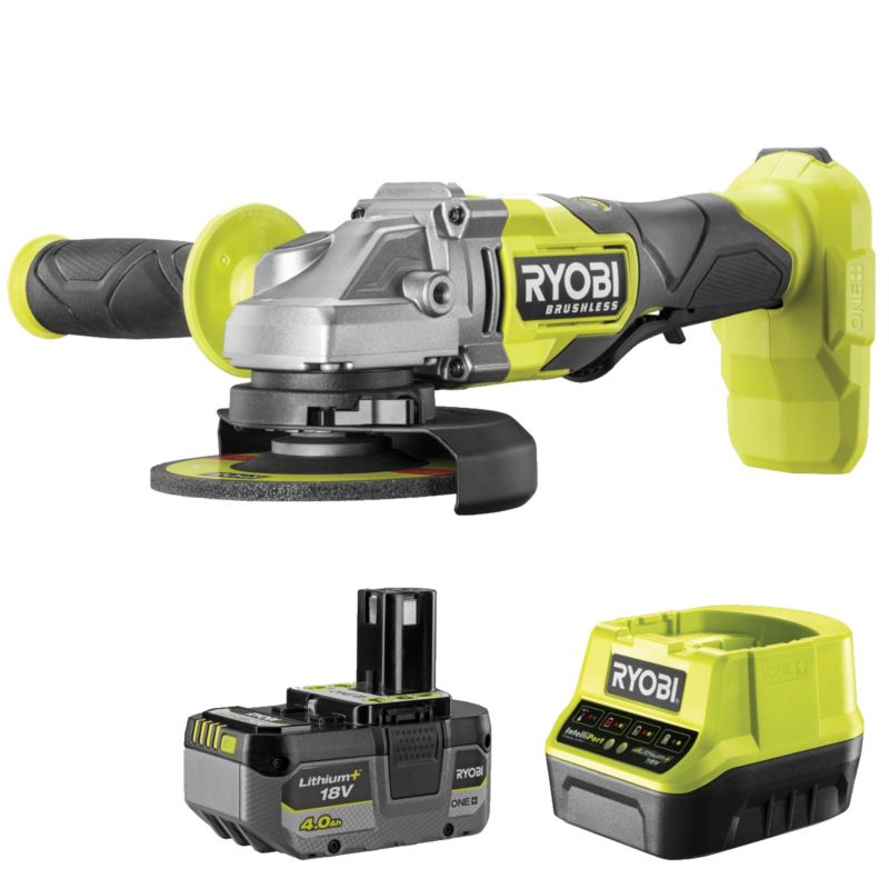 RYOBI Bezszczotkowa Szlifierka Kątowa 18V 125mm + 4,0 Ah + Ładowarka