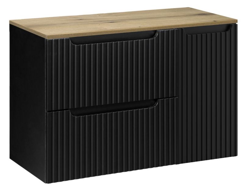 Szafka pod umywalkę Furnidea Nova Black czarna z blatem dąb 90 cm ryflowana 2 szuflady 1 drzwi 1 szt.