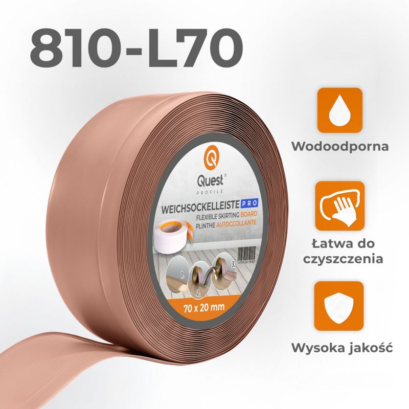 Listwa przypodłogowa PCV 70x20mm, QUEST, elastyczna, miękka listwa podłogowa, cokołowa, jasnobrązowy, 15m