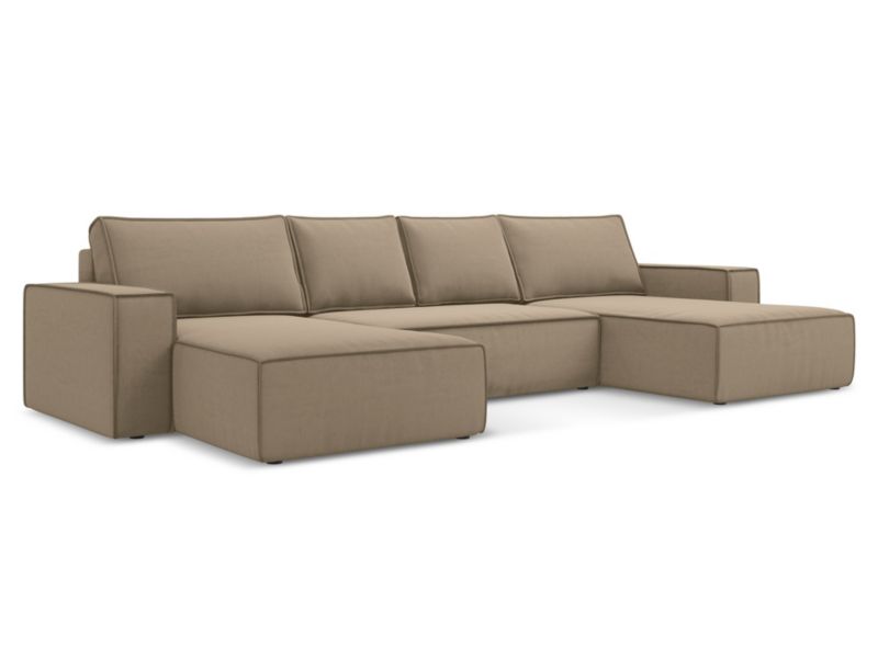 Sofa panoramiczna z funkcją spania Makamii Kimo z tkaniny welwetowej 398x185 cm jasny beż 1 szt.