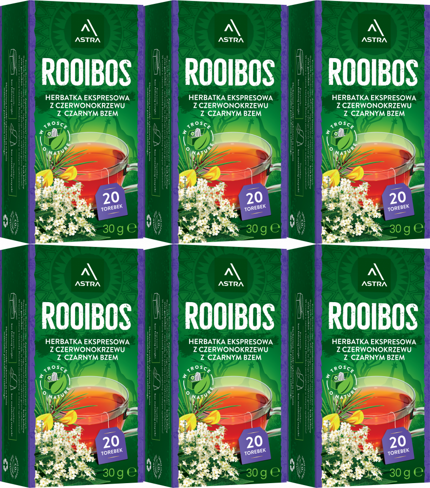 6x Herbata Rooibos w torebkach Astra, czarny bez, 20 sztuk x 1.5g