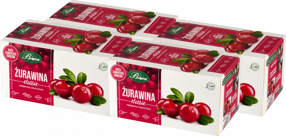 4x Herbata owocowa w torebkach BiFix Classic, żurawina, 20 sztuk x 2.5g