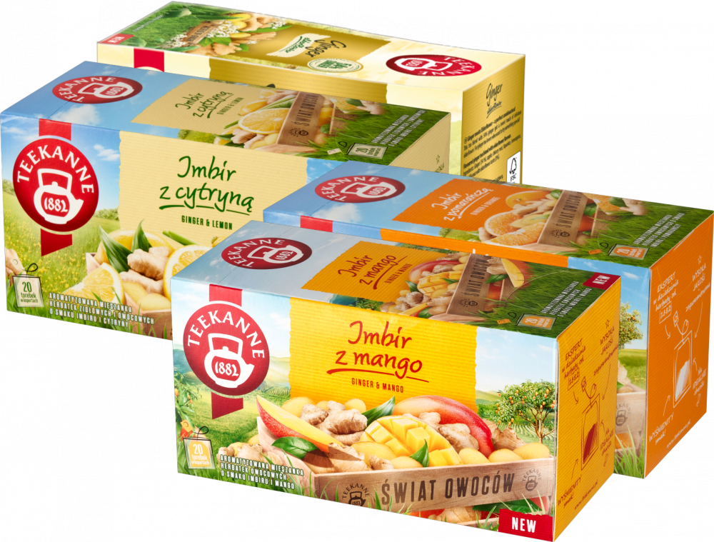 Zestaw 4x Herbata owocowa w kopertach Teekanne: Orange&Ginger + Ginger&Lemon + Ginger Mango + Ginger Elderflower, 4x20 sztuk x 1.75g