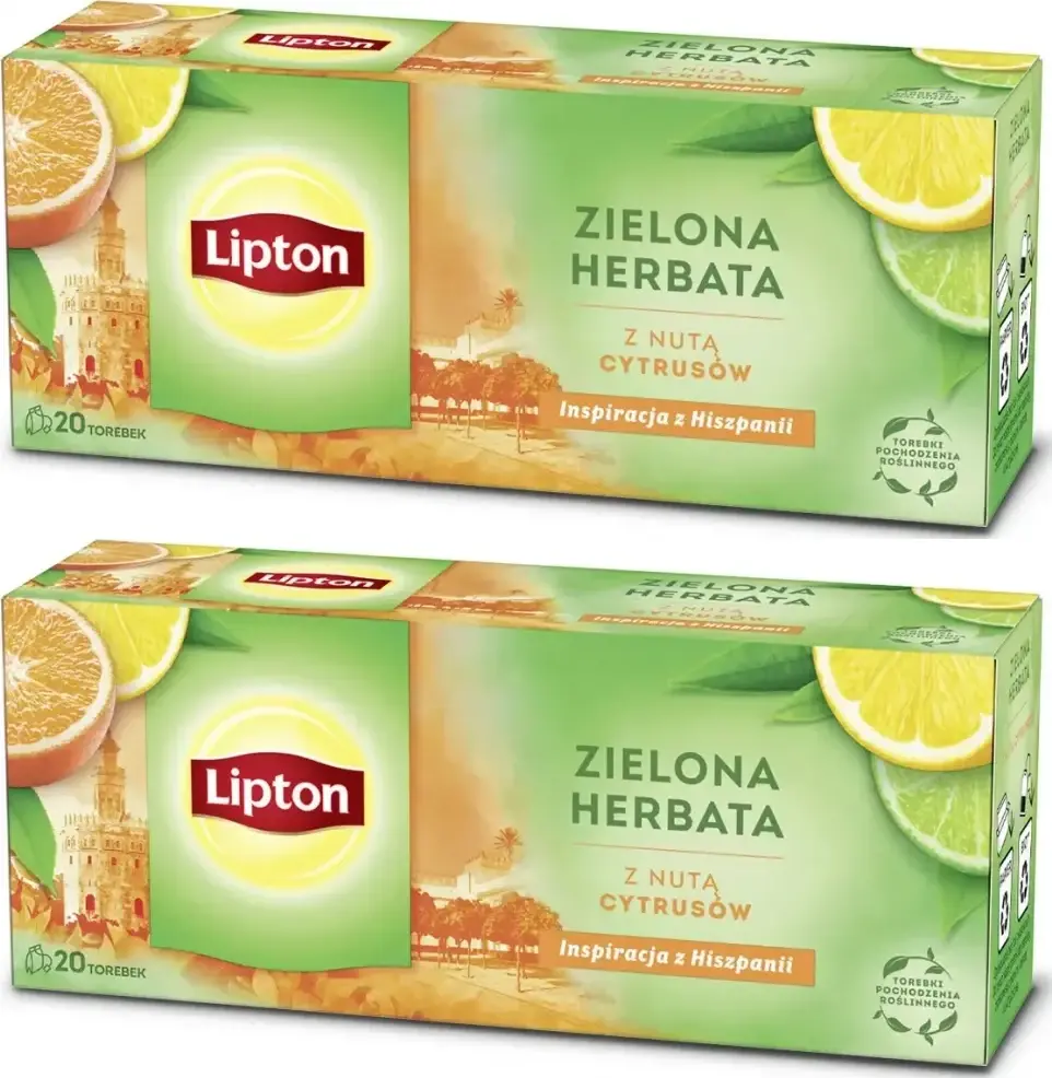 2x Herbata zielona smakowa w torebkach Lipton Green Tea Citrus, z nutą cytrusów, 20 sztuk x 1.3g
