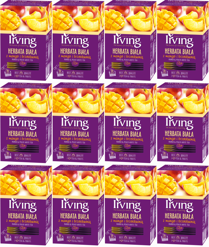 12x Herbata biała smakowa w kopertach Irving, mango z brzoskwinią, 20 sztuk x 1.5g